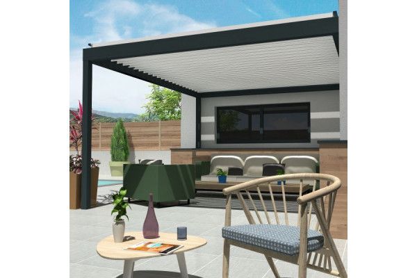 Pergola bioclimatique Agate perpendiculaire à lames orientables - Armature gris Anthracite et lames blanc satiné - Orilon 2