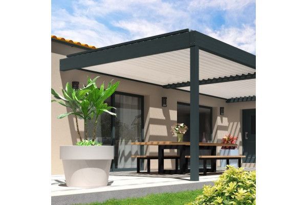 Pergola bioclimatique Améthyste parallèle à lames orientables - Armature gris Anthracite et lames blanc satiné - Orilon 2