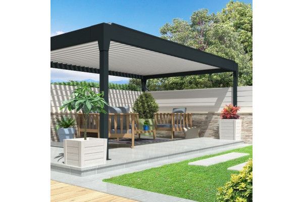 Pergola bioclimatique Améthyste autoportée à lames orientables - Armature gris Anthracite et lames blanc satiné - Orilon 2