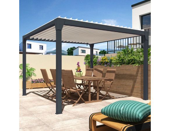 Pergola bioclimatique Motorisée à télécommande Manuelle bicolore îlot 3.50m x 4.00m - Spécialiste de stores, pergolas