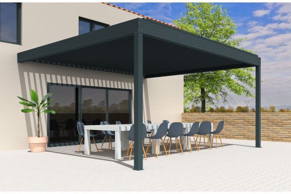 Pergola bioclimatique Améthyste perpendiculaire à lames orientables - Armature gris Anthracite et lames blanc satiné - Orilon 2