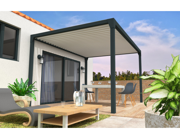 Pergola bioclimatique Jade Motorisée à télécommande bicolore îlot 3.50m x 4.00m - Spécialiste de stores, pergolas