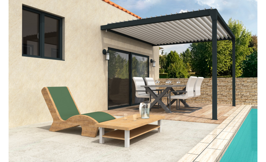 Pergola bioclimatique Orilon 1 Motorisée à télécommande bicolore 3.50m x 4.00m - Orilon - Spécialiste de stores, pergolas