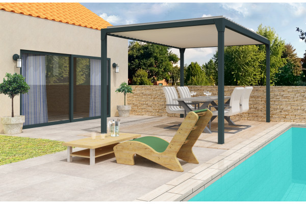 Pergola bioclimatique Jade Motorisée à télécommande bicolore îlot 3.50m x 4.00m - Spécialiste de stores, pergolas