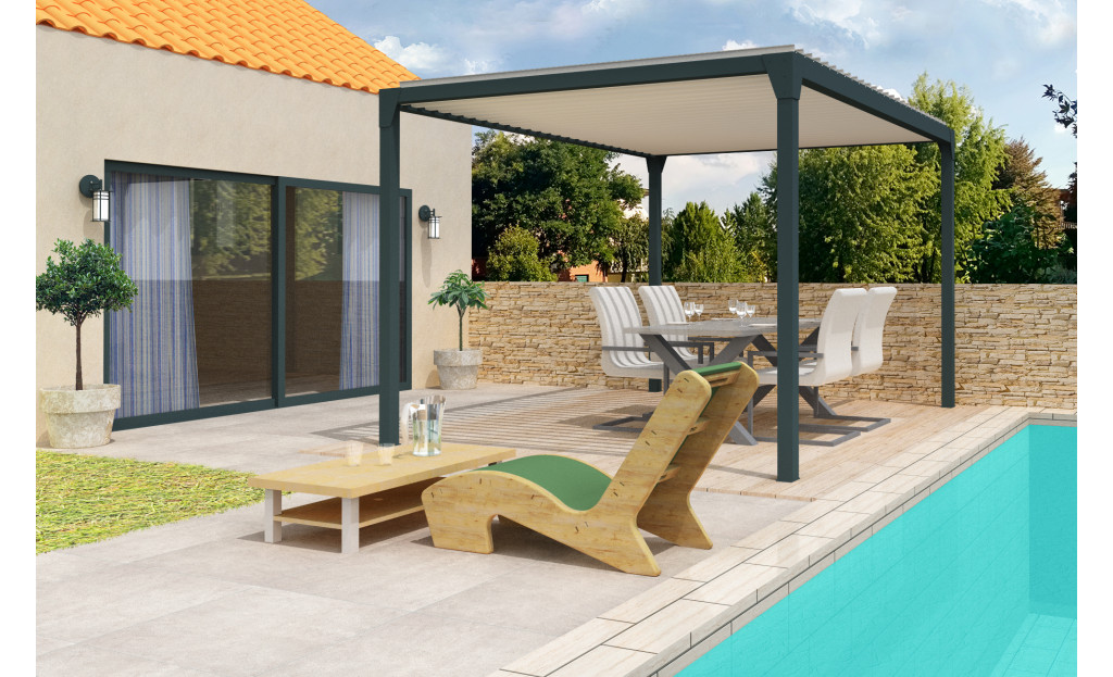 Pergola bioclimatique Jade Motorisée à télécommande bicolore îlot 3.50m x 4.00m - Spécialiste de stores, pergolas