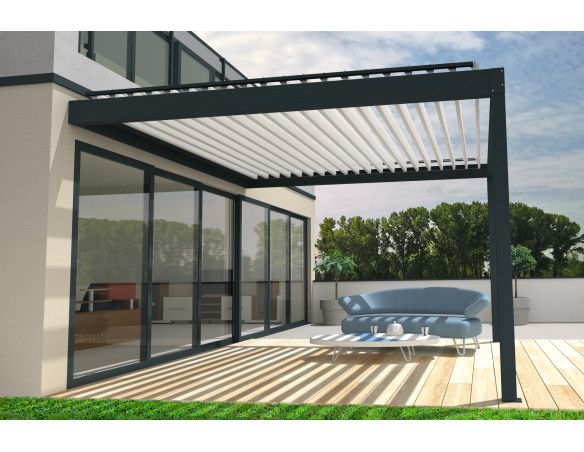 Pergola bioclimatique Agate parallèle à lames orientables - Armature gris Anthracite et lames blanc satiné - Orilon