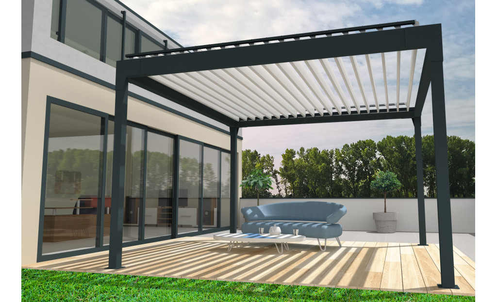 Pergola bioclimatique Agate autoportée à lames orientables - Armature gris Anthracite et lames blanc satiné - Orilon