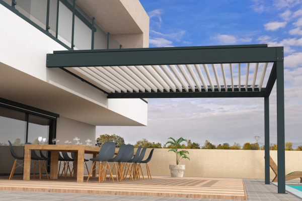 Pergola bioclimatique Améthyste parallèle à lames orientables - Armature gris Anthracite et lames blanc satiné - Orilon