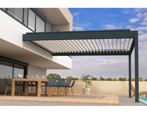 Pergola bioclimatique Améthyste parallèle à lames orientables - Armature gris Anthracite et lames blanc satiné - Orilon