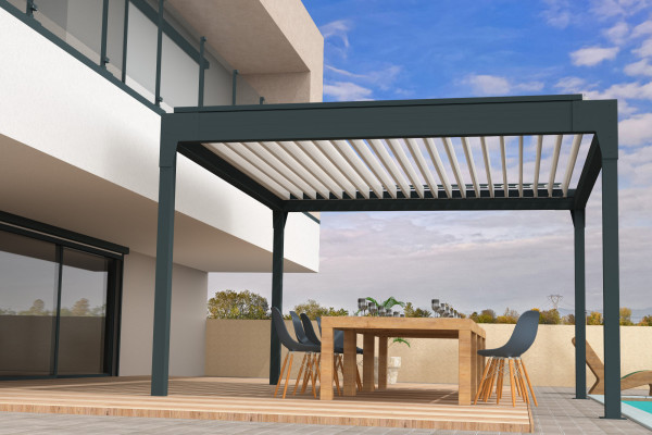 Pergola bioclimatique Améthyste autoportée à lames orientables - Armature gris Anthracite et lames blanc satiné - Orilon