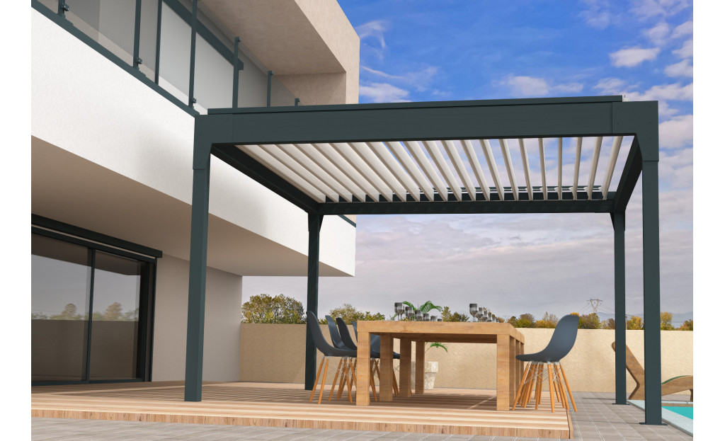 Pergola bioclimatique Améthyste autoportée à lames orientables - Armature gris Anthracite et lames blanc satiné - Orilon