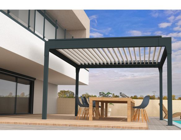 Pergola bioclimatique Améthyste autoportée à lames orientables - Armature gris Anthracite et lames blanc satiné - Orilon