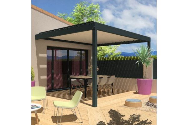 Pergola bioclimatique Agate parallèle à lames orientables - Armature gris Anthracite et lames blanc satiné - Orilon 2