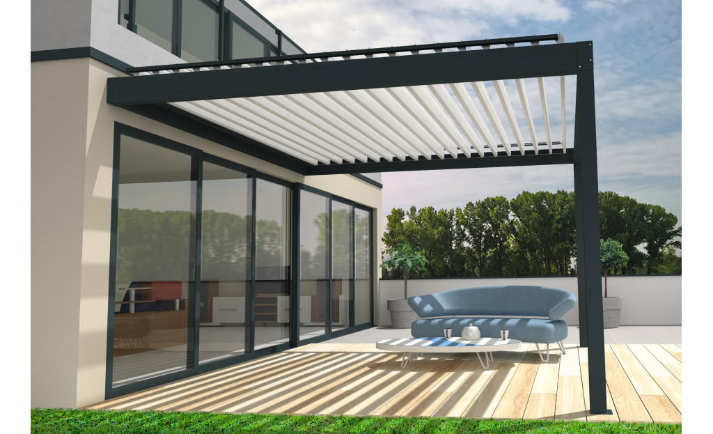 Pergola bioclimatique Agate parallèle à lames orientables - Armature gris Anthracite et lames blanc satiné - Orilon