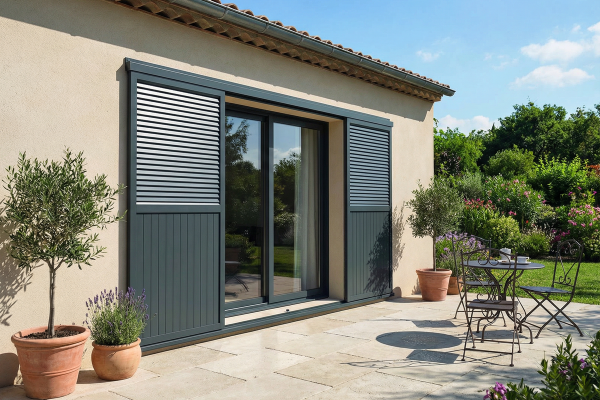 Volet coulissant deux vantaux en aluminium Ral 7016 - Orilon