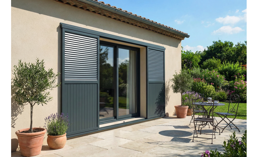 Volet coulissant deux vantaux en aluminium Ral 7016 - Orilon