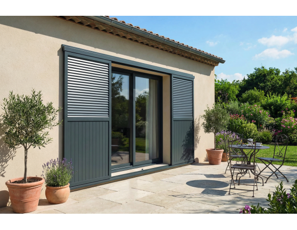 Volet coulissant deux vantaux en aluminium Ral 7016 - Orilon