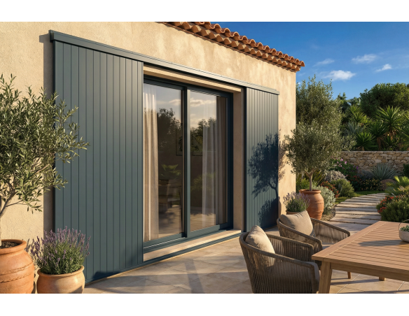 Volet coulissant deux vantaux en aluminium Ral 7016 - Orilon