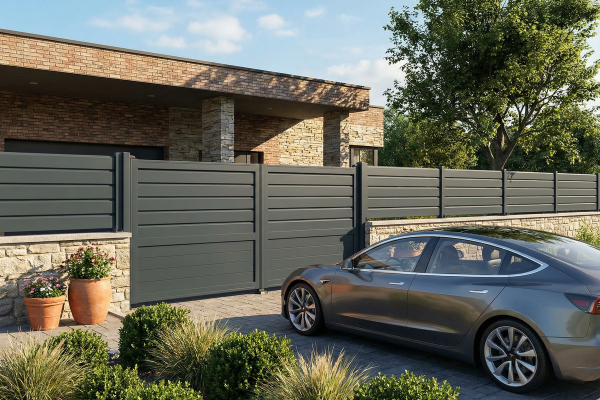 Portail battant Mixte en aluminium - RAL7016 - vue extérieur - Orilon