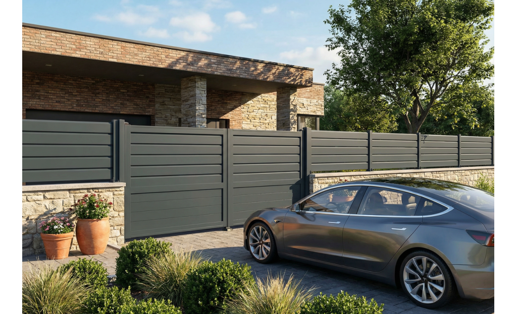 Portail battant Mixte en aluminium - RAL7016 - vue extérieur - Orilon