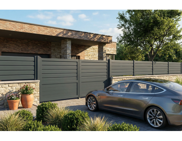 Portail battant Mixte en aluminium - RAL7016 - vue extérieur - Orilon