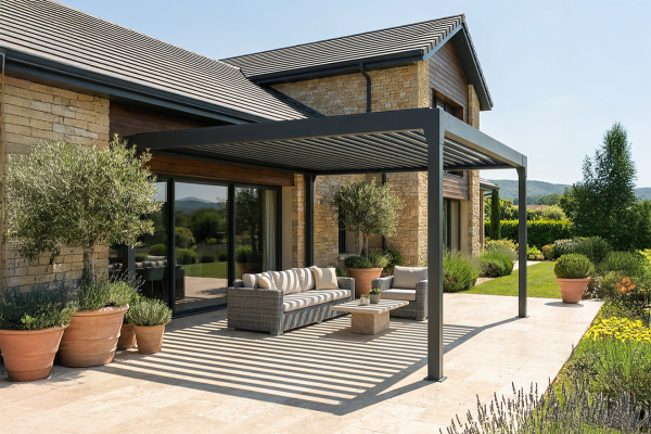 Pergola bioclimatique Agate autoportée à lames orientables - Armature gris