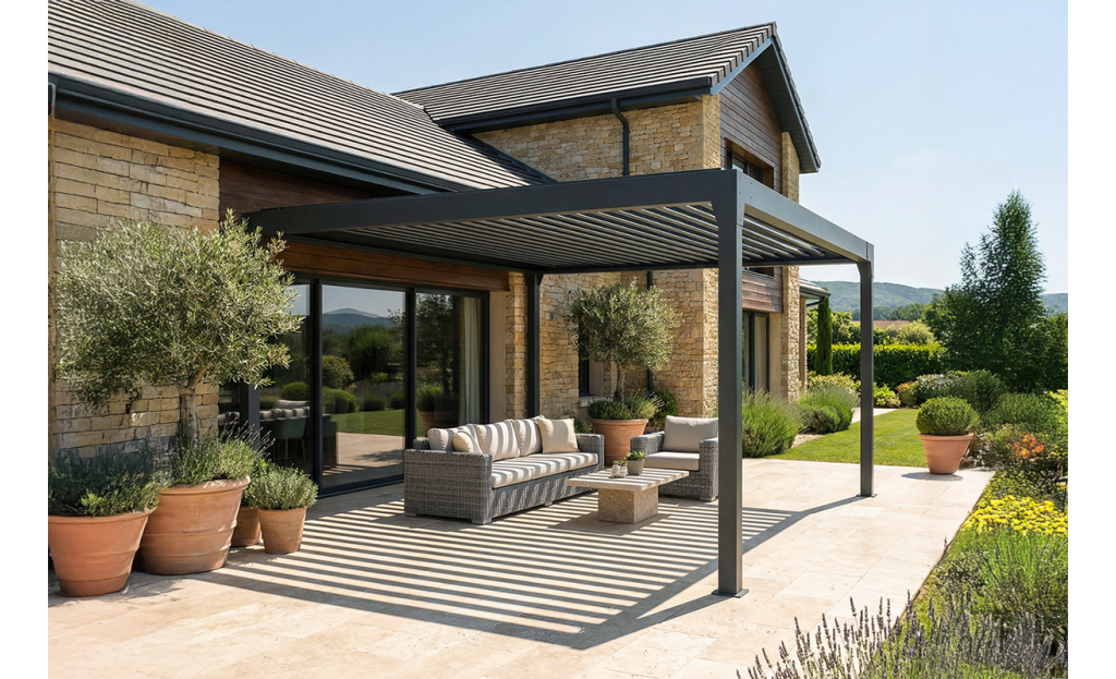 Pergola bioclimatique Agate autoportée à lames orientables - Armature gris