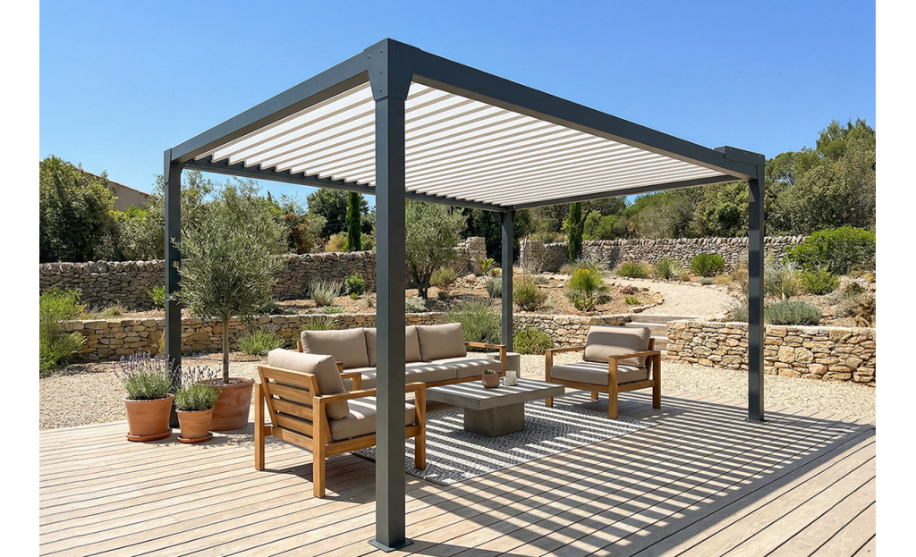 Pergola bioclimatique Jade Motorisée à télécommande bicolore îlot