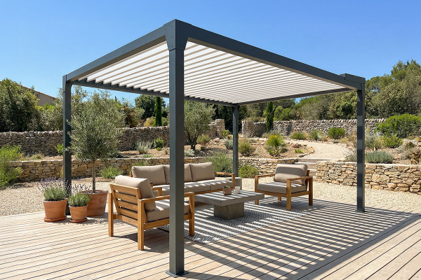 Pergola bioclimatique Jade Motorisée à télécommande bicolore îlot