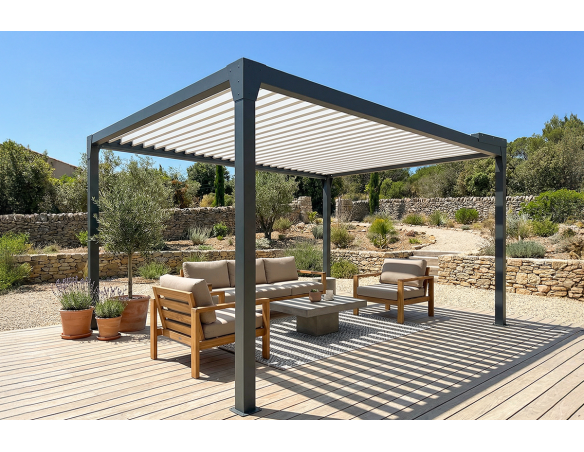 Pergola bioclimatique Jade Motorisée à télécommande bicolore îlot